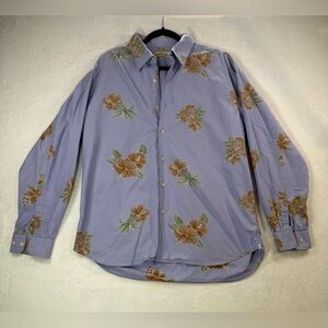 Tommy Bahama Blue Cotton Hawaiian Printed Long Sleeve Button Down Shirt XL beach